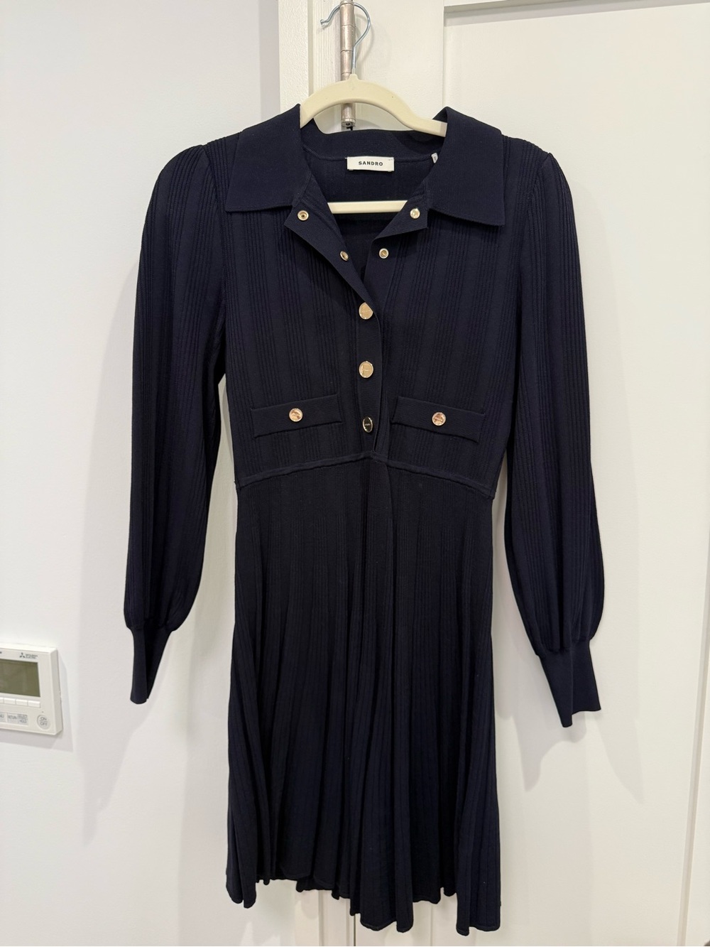Sandro Black Long-Sleeve Polo Knit Dress with Gold Buttons